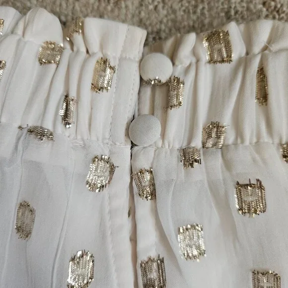 LOFT Clip Ruffle Smocked Blouse Women SZ Medium gauzy top lightweight lined Gold - Picture 6 of 15